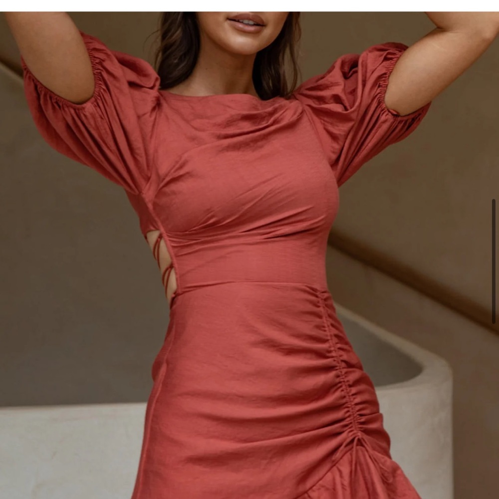 Selfie Leslie Terracotta Mini Dress with Puff Sleeves